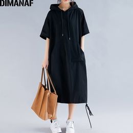 DIMANAF Plus Size Women Dress Summer Cotton Hooded Lady Vestidos Female Clothing Casual Loose Big Size Long Dress Solid 5XL 6XL 210325