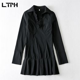 TLPH ins style Simple black shirt dress women long sleeve lapel folds elegant Ruffles sexy Short Pleated dresses Autumn 210427