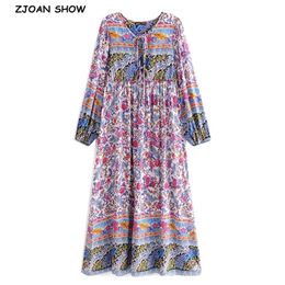 BOHO Lace up V neck Floral Peacock Print Maxi Long Cotton Dress Ethnic Woman Bandage Sleeve Dresses Holiday Vestido 210429