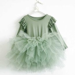 2020 0-10Y Princess Infant Baby Girls Dress Ruffle Long Sleeve Lace Solid Patchwork Tutu Mini Dance Dress 8 Colors Q0716