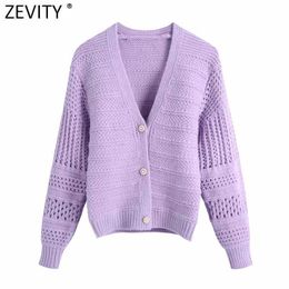 Zevity Women Fashion V Neck Purple Colour Patchwork Crochet Knitted Sweater Female Pear Buttons Chic Cardigans Tops S721 210603