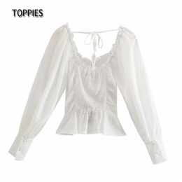 White Blouses Tops Sexy Deep U Collar Cascading Pleated Shirts Summer Women Long Sleeve 210421
