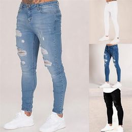 Puimentiua Mens Solid Colour Jeans Fashion Slim Pencil Pants Sexy Casual Hole Ripped Design Streetwear 211011