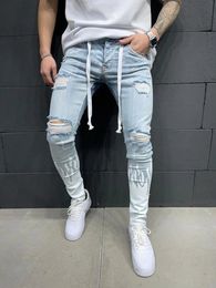 Men Ripped Jeans Slim Fit Trousers Fashion Flame Print Distressed Fringe Pencil Jeans Homme Casual Drawstring Skinny Men's Pants