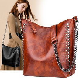 Female Vintage Rivet Shoulder Large Capacity Patchwork Bucket Chain Crossbody Quality Leather Shopper Handbags