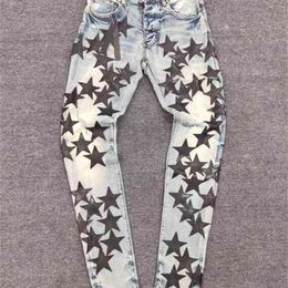 Neue High Street Star Leder Fünfzackige Sterne Fight Hole Wash Jeans Tide Markenqualität
