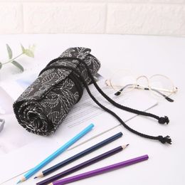 Pencil Bags Beautiful Leaf Printed School Case Roller 12/24/36/48/72 Holes Canvas Roll Up Makeup Pen Bag For Stationery Wholesale