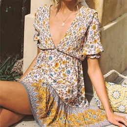 Casual Woman Floral Print V Neck Cotton Mini Dress Summer Fashion Ladies Soft Ruffles es Female Beach Short 210515