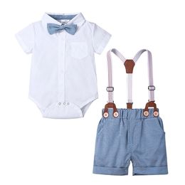 Toddler Baby Boys Summer Gentleman Bow tie Short Sleeve Shirt+Overall Shorts Sets Clothing for Babies 210521