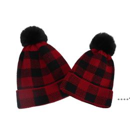 Winter Grid Crochet Hat Warm Knitting Tuque with Big Fur Ball Kids Baby Women Men Plaid Skull Caps Thick Ski Headwears RRA9288