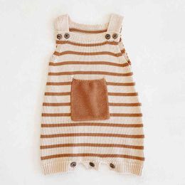 Baby Girl Boy Sleeveless Pocket Stripe Rompers Jumpsuit Knitting Braces Overalls born Girls Boys Clothes 210429