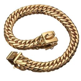 Pet Chain Dog Collar Leash 17mm Gold Stainless Steel Necklace French Bulldog Pitbully Collar Strap Drop Pet Prodcut 210729