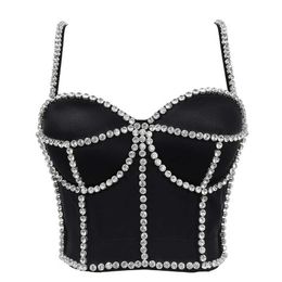 New In Rhinestone Top With Built In Bra Push Up Bralette Sleeveless Top Women Camis Off Shoulder Summer Sexy Nightclub Clothing X0726