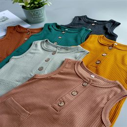 Designer Baby Baby Girl Boy Romper Clothes Solid Front Button Pockets Summer Cotton Newborn Jumpsuit Newborn Romper Onesies for 0-24M 96 Z2