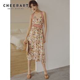 Halter Dress Summer Long Midi A Line Ditsy Floral Women Sleeveless Flowy Ladies Slip Holiday 210427