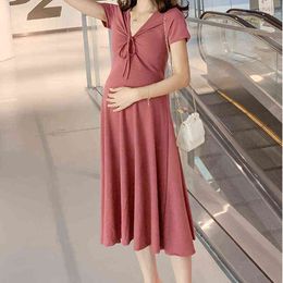 Pregnancy Dress with Neckline Tie Maternity Gowns V-neck Slimming Dress Women Elegant Korean Dresses Summer Maternity Clothes G220309