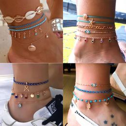 Bohemian Gold Shell Evil eye charms Identification Bracelets Summer Beach Multi layer Anklets Jewelry for Women Gilrs