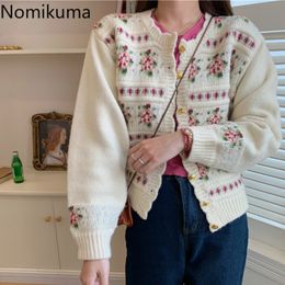 Nomikuma Knitted Cardigan Women Autumn Korean Style Loose Vintage Flower Sweater Long Sleeve Single Breasted Knitwear 3d518 210514