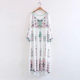 White Embroidery O Neck Tassel Long Sleeve A Line Loose Maxi Dress Geometric Autumn D0654 210514