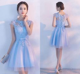 Sweet Lace Homecoming Dresses Sheer Short Sleeve Jewel Light Sky Blue Mini Prom Graduation Dress Juniors Party Foraml Gowns Tulle M105