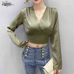 Autumn Sexy V-neck Slim Bottoming Shirts White Korean Fashionable Long Sleeve Satin Blouse Women Chemisier Femme 12265 210521