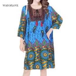 WAYOFLOVE Blue Plus Size Dress Vintage Embroidery Elegant Summer Beach Dress Women Loose Dress Casual Vestido Dresses Party 210602