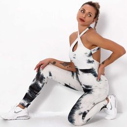 Women Sports Yoga Set High Waist Hips Pants Halter Top Bandage Yoga Jumpsuit FitnTie Dye Jacquard Tracksuit X0629