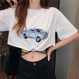 Casual O-Neck Short Sleeve Crop Top Women Car Print Summer Cotton T-Shirt Chic Chain Tee Tops for Woman Clothing 210601