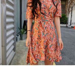 floral print dress Summer Women Dress Above Knee, Mini Short Sleeve Casual es Femme Elegant es V Neck 210423