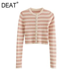 [DEAT] Spring Autumn Fashion Single-breasted Stripe Long Sleeve Round Neck Knitting Cardigan Sweater 13C372 210527