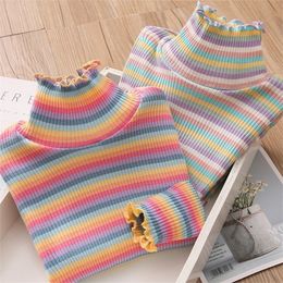 2021 Spring Autumn 2-10 12 Years Children'S Sweet Long Sleeve Colourful Striped High Neck Basic Turtleneck T-Shirt For Kids Girls 220217