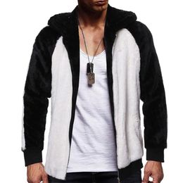 Men's Jackets Winter Men Fleece Coat Jacket Black White Colour Matching Soft Hooded Outwear For Outdoor Warm Tops