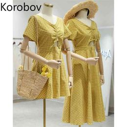 Korobov Preppy Style Sweet Plaid Women Dress Korean V Neck Drawstring High Waist Neach Style Dresses Short Sleeve Vestidos Mujer 210430