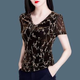 Women Summer Style Mesh Blouses Shirts Lady Casual Short Sleeve V-Neck Slim Leaf Printed Blusas Tops DF3736 210317