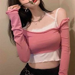 Off-Shoulder Short Navel Sexy Tight T-shirt Female Autumn Long Sleeve Slim Pink Shirt Ins Fashion 210529