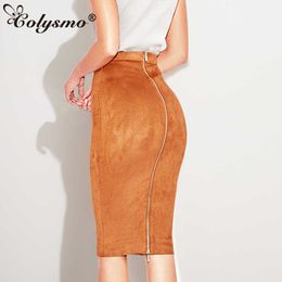 Colysmo Autumn Suede Midi Skirt High Waist Faux Leather Winter Womens Two-way Zipper Saia Bodycon Pencil Casual Clothes 210527