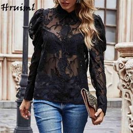 Women Blouses Fashionable Perspective Lace Embroidered Shirt Solid Colour Long Sleeve Sexy Night Club Bluzka Damska 210513