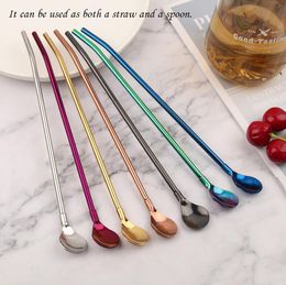Stainless steel straw spoon dual purpose Coffees Scoops western restaurant coffee spoons milk tea straws stirring