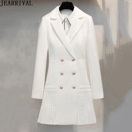 Women's Suits & Blazers 2021 Spring Women Black White Blazer Dress Brand Deisgner Double Breasted Ruched Hem Long Jackets Office Casual