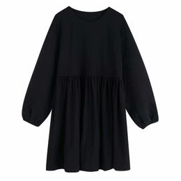 Streetwear Women Solid Black Puff Sleeve Dresses Fashion Ladies O-Neck Loose Dress Elegant Female Chic Sweet Vestidos 210427