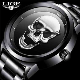 Cool Punk 3D Skull Men Watch Brand LIGE Luxury Steel Quartz Men Watches Waterproof Retro Fashion Gold Black Clock Relogio 210329