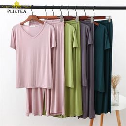 2 Piece Set Modal Homewear for Women Solid Color Loose Pajamas Short Sleeve T Shirt and Pants Summer Home Clothes 210809