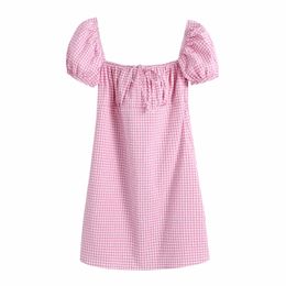 Summer Women Square Collar Puff Sleeve Pink Plaid Mini Dress Female Clothes Casual Lady Loose Vestido D7562 210430
