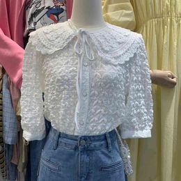 Sweeet Peter Pan Collar Blouses Women Buttoned Shirts Chic Folds Lace Up Womens Tops Spring Fresh Blusas Mujer 210514