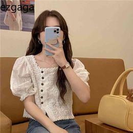 Ezgaga Sweet Square Collar Embroidery Blouse Women Lace Patchwork Short Sleeve Shirts Summer New Korean Chic Crop Tops Casual 210430