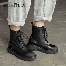 SOPHITINA Women Boots Platform Fashion Cross-Tied Zipper Antiskid Patchwork Shoes Round Toe Mid Heel Casual Women Shoes SO743 210513