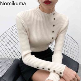 Nomikuma Long Sleeve Half Turtleneck Pullovers Jumpers Solid Colour Side Button Slim Knitted Sweater Women Fashion Tops 3c221 210514