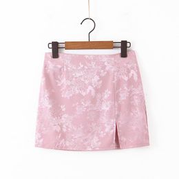 Mini Skirts Womens 2021 Pink Floral Pencil Skirt Streetwear Ladies High Waist Slit Vintage Bodycon Elegant