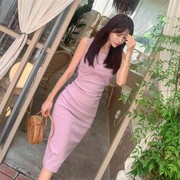 purple Dress for women Summer Sleeveless crew neck polyester Ladies Sexy party office Dresses 210602