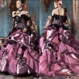 Vintage Black and Pink Gothic Wedding Dresses Plus Size Off The Shoulder lace-up corset Vintage Bell Long Sleeve Celtic Mediaeval bride gown